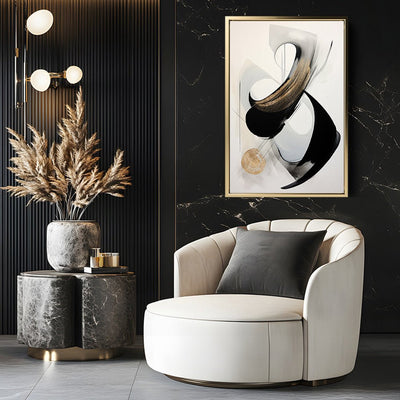 Canvas Wall Art Stretched Over Wooden Frame with Floating Frame and Black With Gold Circle Painting CV4126 - Al Rugaib Furniture