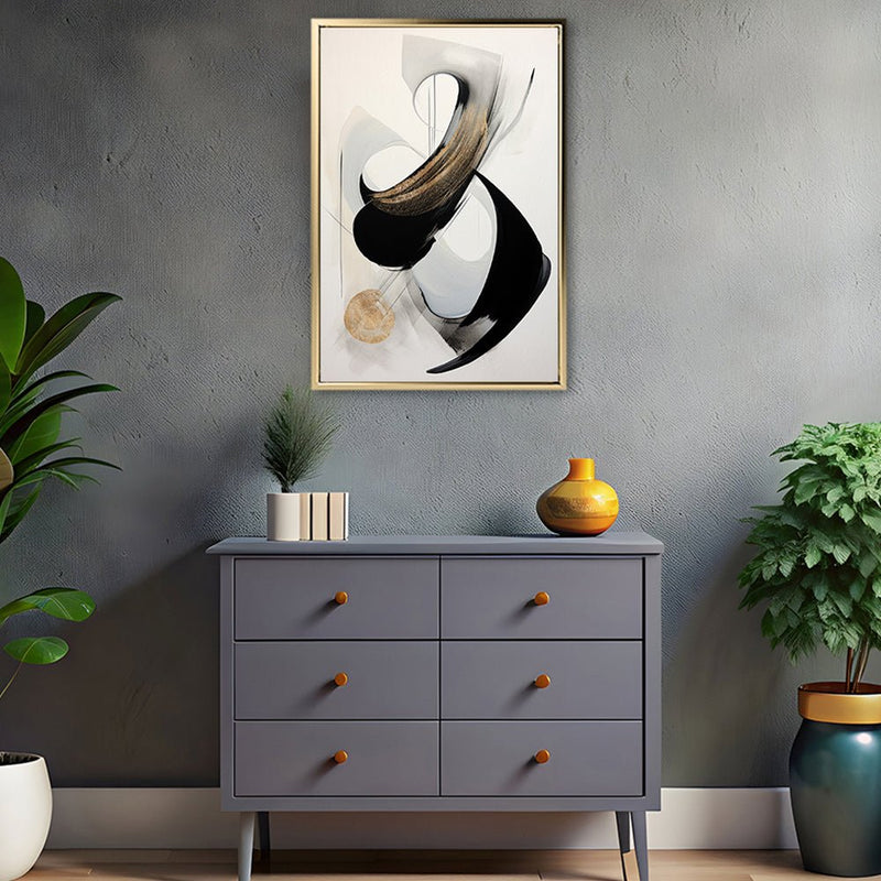 Canvas Wall Art Stretched Over Wooden Frame with Floating Frame and Black With Gold Circle Painting CV4126 - Al Rugaib Furniture