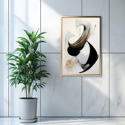 Canvas Wall Art Stretched Over Wooden Frame with Floating Frame and Black With Gold Circle Painting CV4126 - Al Rugaib Furniture