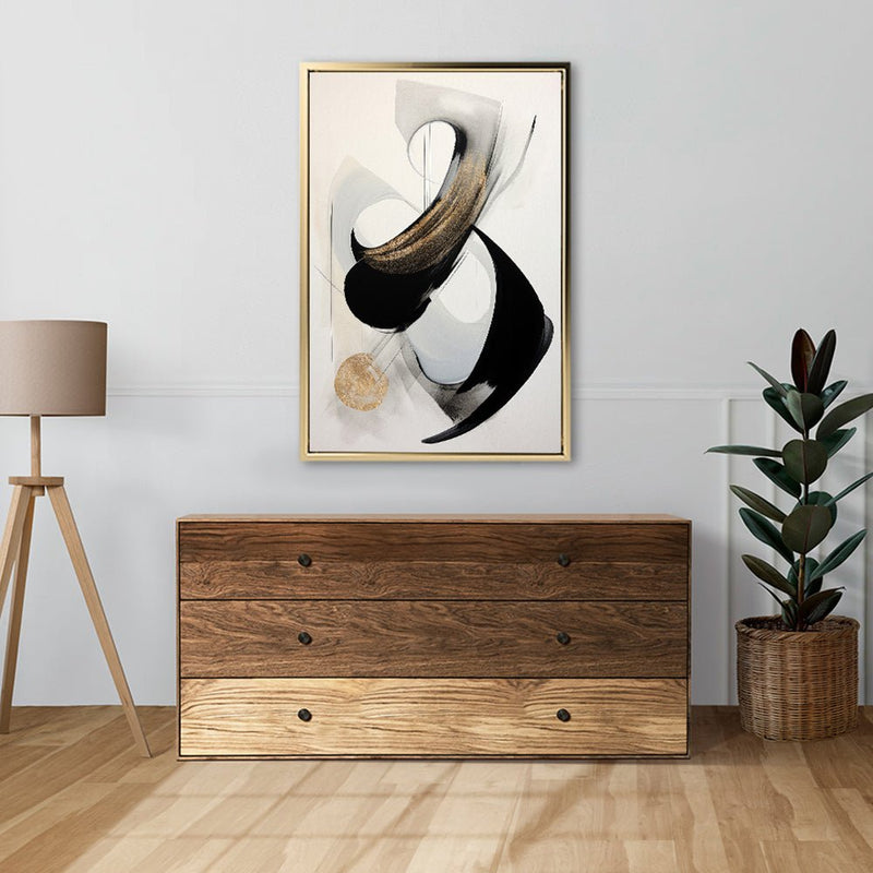 Canvas Wall Art Stretched Over Wooden Frame with Floating Frame and Black With Gold Circle Painting CV4126 - Al Rugaib Furniture