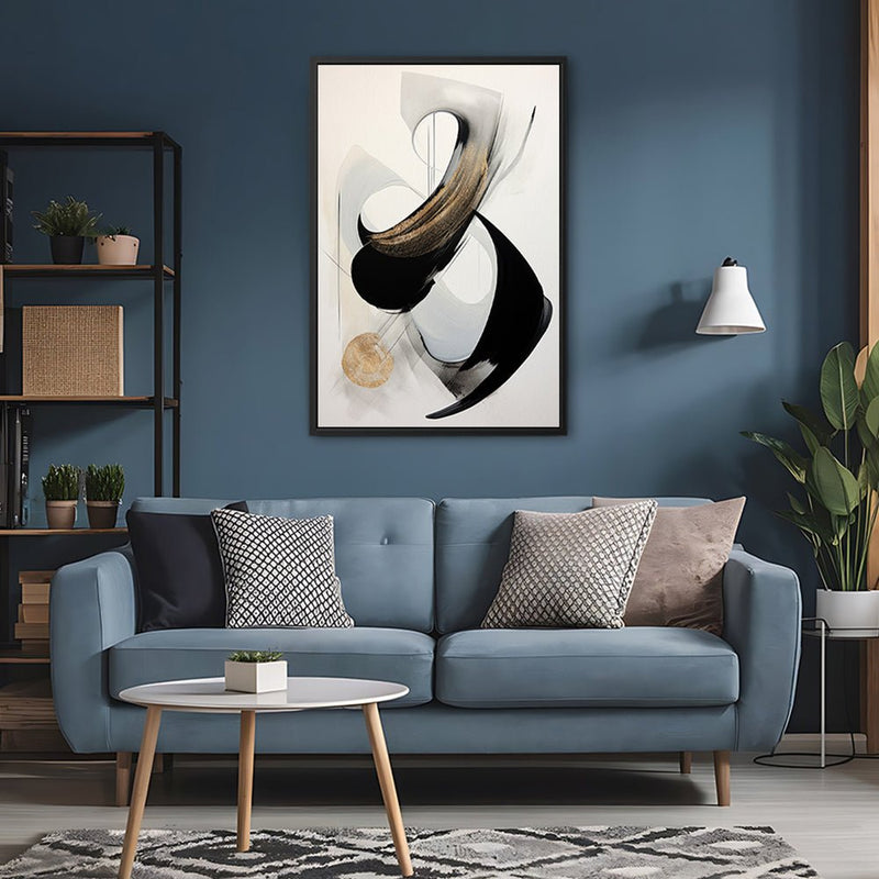 Canvas Wall Art Stretched Over Wooden Frame with Floating Frame and Black With Gold Circle Painting CV4126 - Al Rugaib Furniture