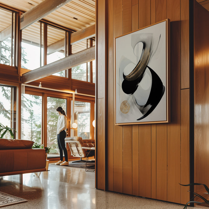 Canvas Wall Art Stretched Over Wooden Frame with Floating Frame and Black With Gold Circle Painting CV4126 - Al Rugaib Furniture