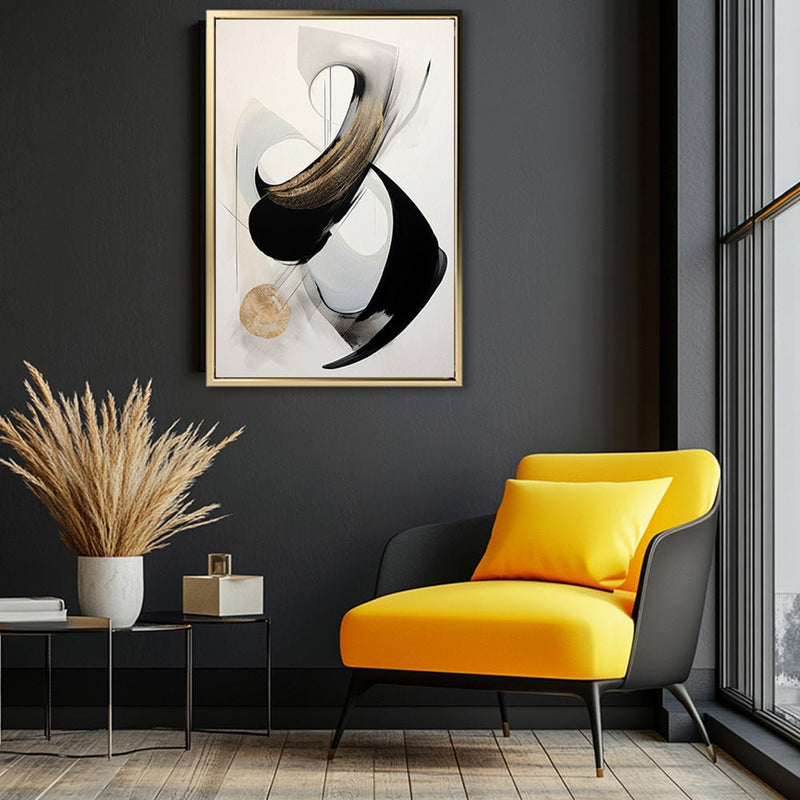 Canvas Wall Art Stretched Over Wooden Frame with Floating Frame and Black With Gold Circle Painting CV4126 - Al Rugaib Furniture