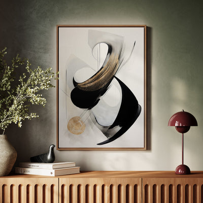 Canvas Wall Art Stretched Over Wooden Frame with Floating Frame and Black With Gold Circle Painting CV4126 - Al Rugaib Furniture