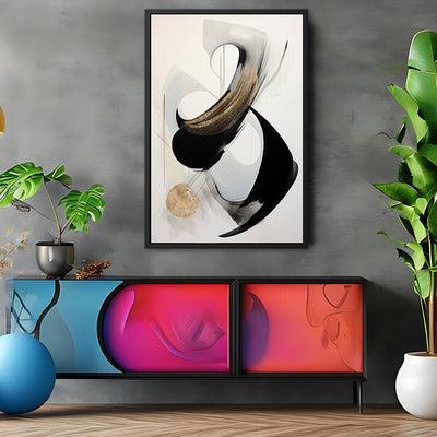 Canvas Wall Art Stretched Over Wooden Frame with Floating Frame and Black With Gold Circle Painting CV4126 - Al Rugaib Furniture