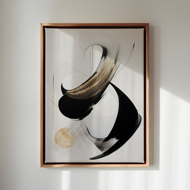 Canvas Wall Art Stretched Over Wooden Frame with Floating Frame and Black With Gold Circle Painting CV4126 - Al Rugaib Furniture