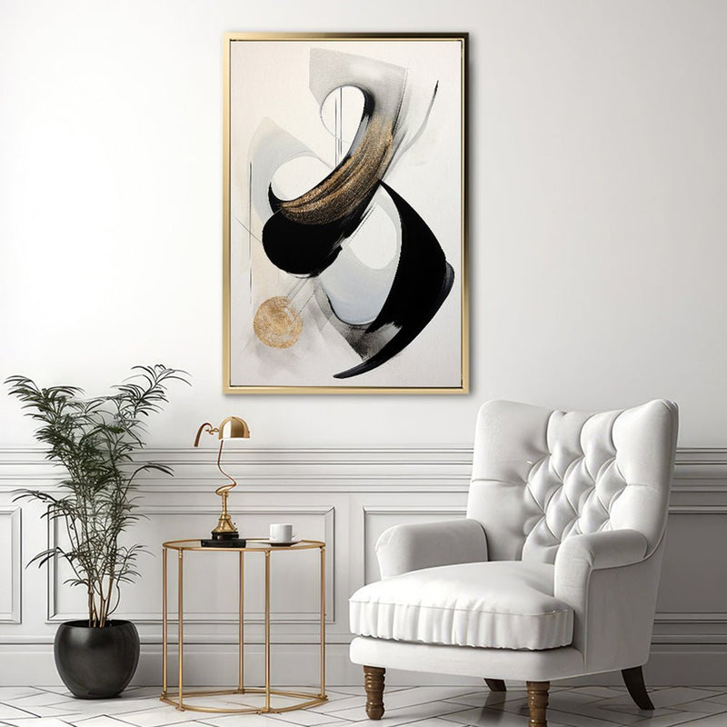 Canvas Wall Art Stretched Over Wooden Frame with Floating Frame and Black With Gold Circle Painting CV4126 - Al Rugaib Furniture