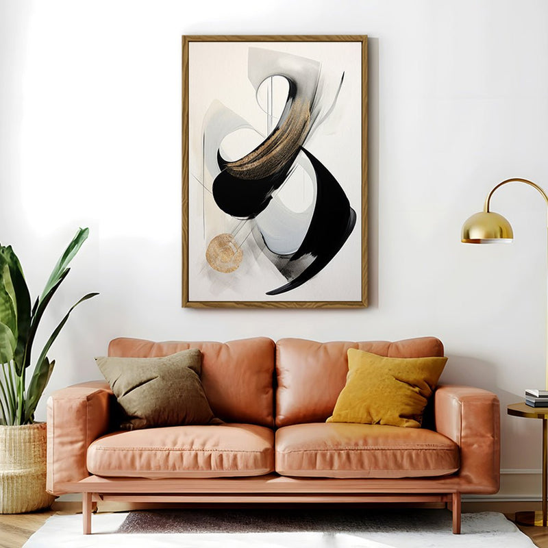 Canvas Wall Art Stretched Over Wooden Frame with Floating Frame and Black With Gold Circle Painting CV4126 - Al Rugaib Furniture