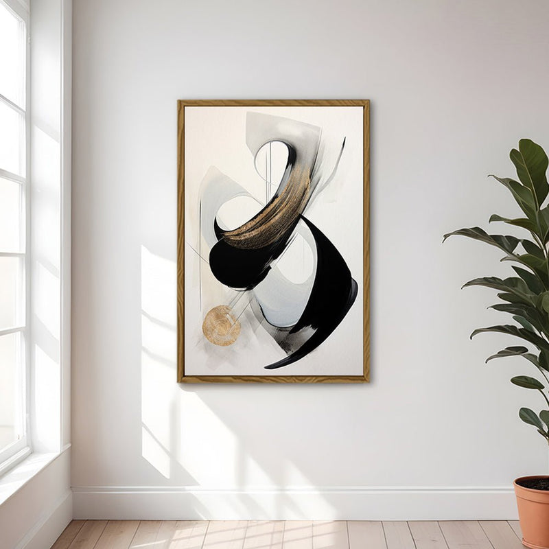 Canvas Wall Art Stretched Over Wooden Frame with Floating Frame and Black With Gold Circle Painting CV4126 - Al Rugaib Furniture