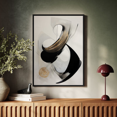 Canvas Wall Art Stretched Over Wooden Frame with Floating Frame and Black With Gold Circle Painting CV4126 - Al Rugaib Furniture