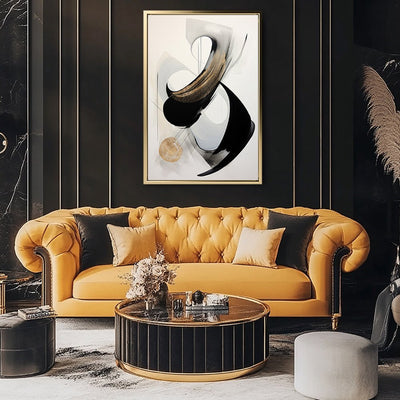 Canvas Wall Art Stretched Over Wooden Frame with Floating Frame and Black With Gold Circle Painting CV4126 - Al Rugaib Furniture