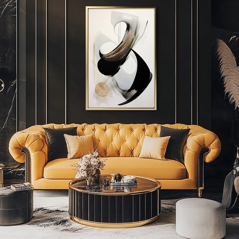 Canvas Wall Art Stretched Over Wooden Frame with Floating Frame and Black With Gold Circle Painting CV4126 - Al Rugaib Furniture