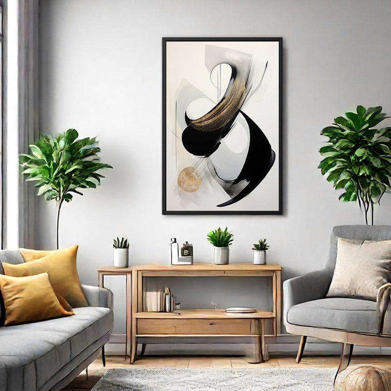 Canvas Wall Art Stretched Over Wooden Frame with Floating Frame and Black With Gold Circle Painting CV4126 - Al Rugaib Furniture