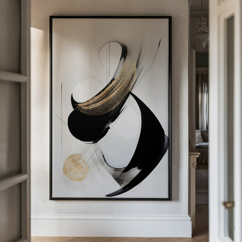 Canvas Wall Art Stretched Over Wooden Frame with Floating Frame and Black With Gold Circle Painting CV4126 - Al Rugaib Furniture
