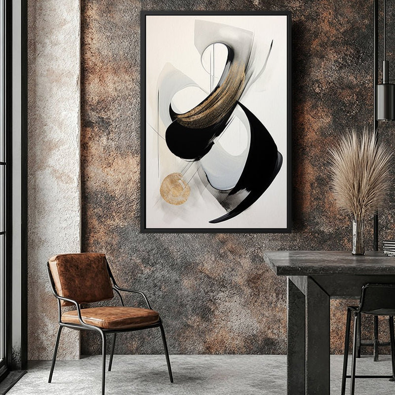 Canvas Wall Art Stretched Over Wooden Frame with Floating Frame and Black With Gold Circle Painting CV4126 - Al Rugaib Furniture