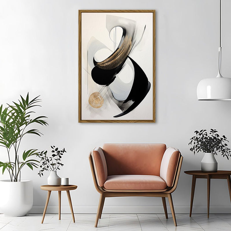 Canvas Wall Art Stretched Over Wooden Frame with Floating Frame and Black With Gold Circle Painting CV4126 - Al Rugaib Furniture
