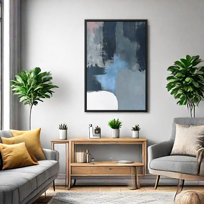 Canvas Wall Art Stretched Over Wooden Frame with Floating Frame and Blue Light Abstract Painting CV4127 - Al Rugaib Furniture