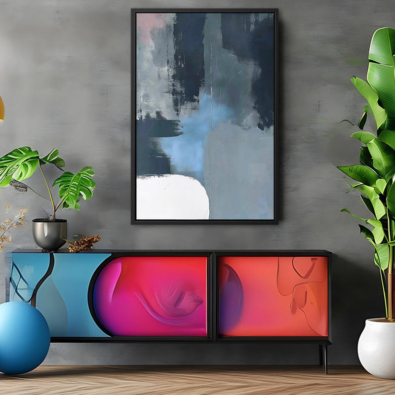 Canvas Wall Art Stretched Over Wooden Frame with Floating Frame and Blue Light Abstract Painting CV4127 - Al Rugaib Furniture
