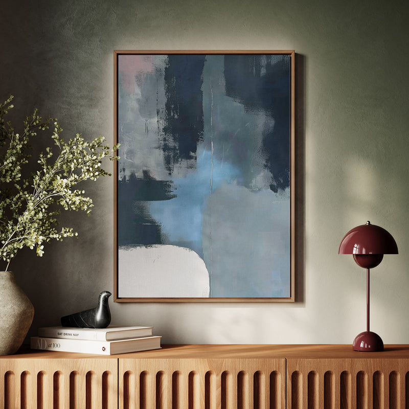 Canvas Wall Art Stretched Over Wooden Frame with Floating Frame and Blue Light Abstract Painting CV4127 - Al Rugaib Furniture
