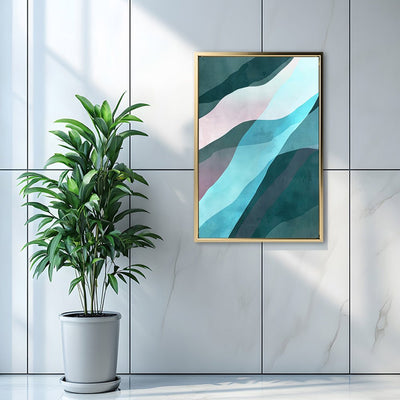Canvas Wall Art Stretched Over Wooden Frame with Floating Frame and Blue Waves Abstract Painting CV4128 - Al Rugaib Furniture