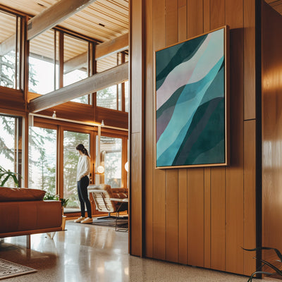 Canvas Wall Art Stretched Over Wooden Frame with Floating Frame and Blue Waves Abstract Painting CV4128 - Al Rugaib Furniture