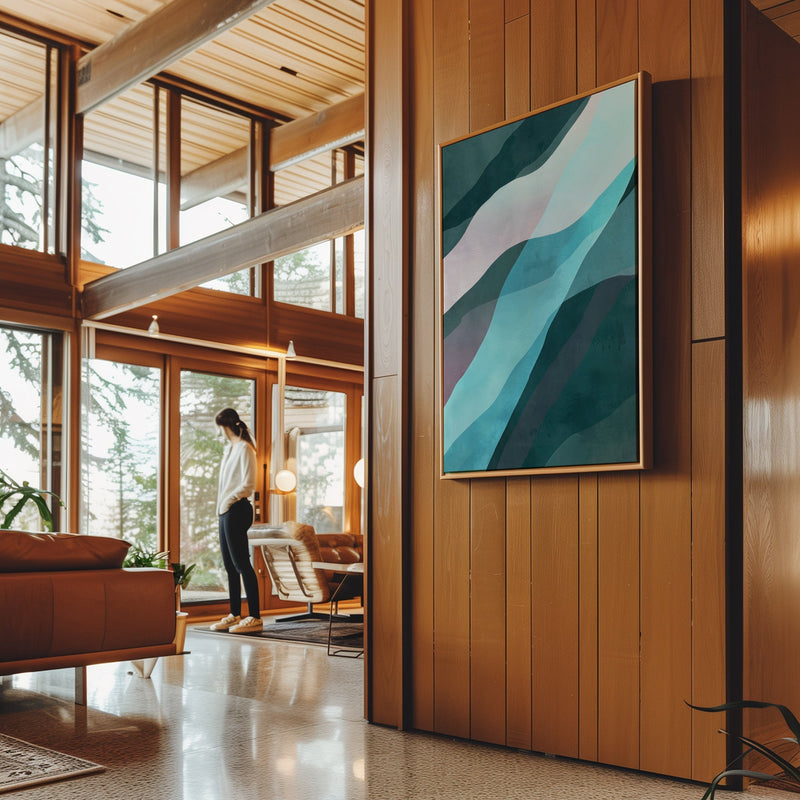 Canvas Wall Art Stretched Over Wooden Frame with Floating Frame and Blue Waves Abstract Painting CV4128 - Al Rugaib Furniture