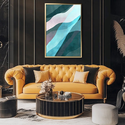 Canvas Wall Art Stretched Over Wooden Frame with Floating Frame and Blue Waves Abstract Painting CV4128 - Al Rugaib Furniture