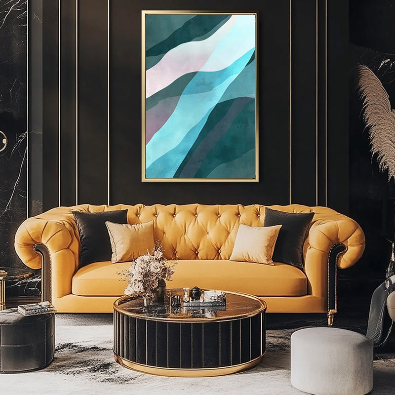 Canvas Wall Art Stretched Over Wooden Frame with Floating Frame and Blue Waves Abstract Painting CV4128 - Al Rugaib Furniture