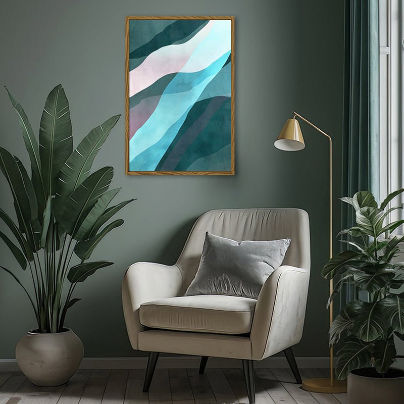 Canvas Wall Art Stretched Over Wooden Frame with Floating Frame and Blue Waves Abstract Painting CV4128 - Al Rugaib Furniture