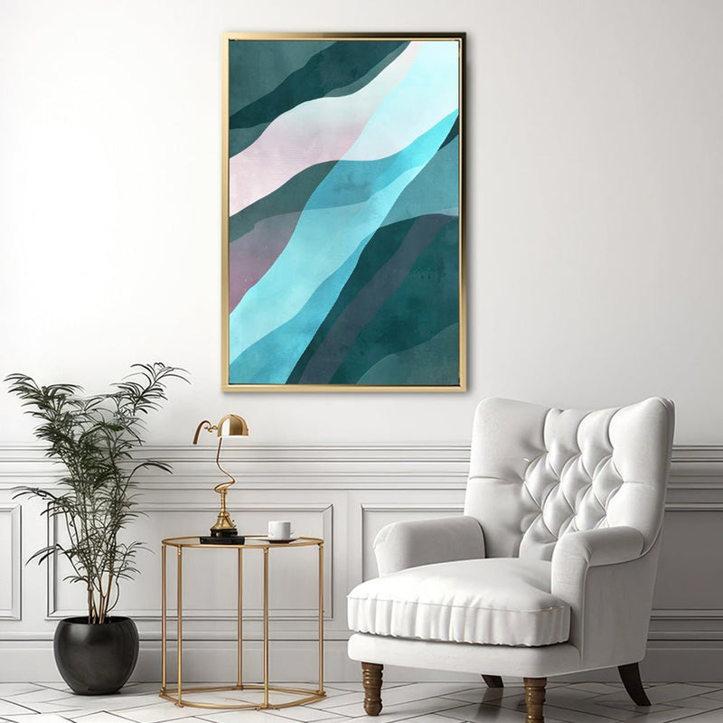 Canvas Wall Art Stretched Over Wooden Frame with Floating Frame and Blue Waves Abstract Painting CV4128 - Al Rugaib Furniture