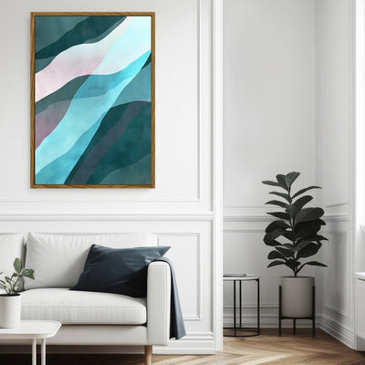 Canvas Wall Art Stretched Over Wooden Frame with Floating Frame and Blue Waves Abstract Painting CV4128 - Al Rugaib Furniture