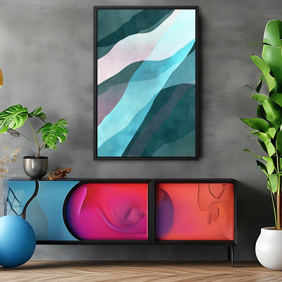 Canvas Wall Art Stretched Over Wooden Frame with Floating Frame and Blue Waves Abstract Painting CV4128 - Al Rugaib Furniture