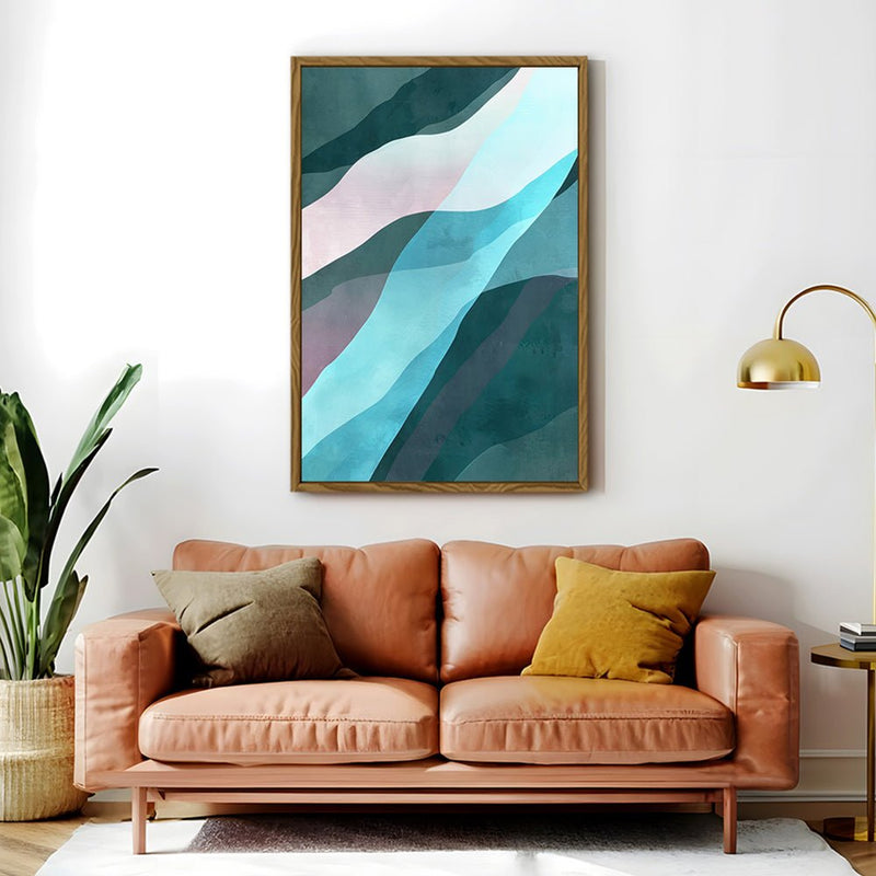 Canvas Wall Art Stretched Over Wooden Frame with Floating Frame and Blue Waves Abstract Painting CV4128 - Al Rugaib Furniture