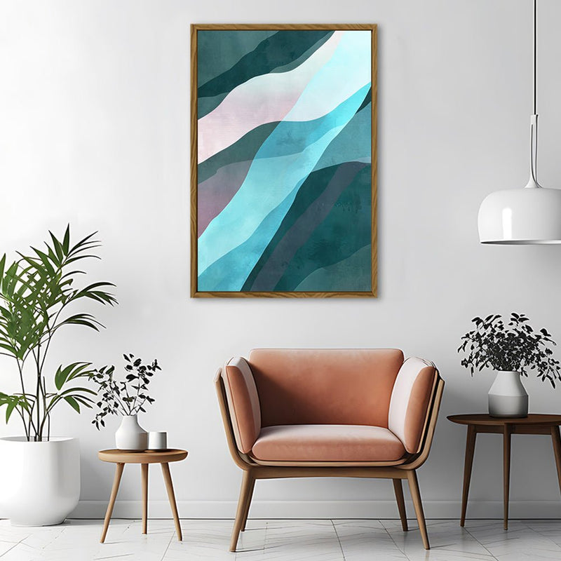 Canvas Wall Art Stretched Over Wooden Frame with Floating Frame and Blue Waves Abstract Painting CV4128 - Al Rugaib Furniture