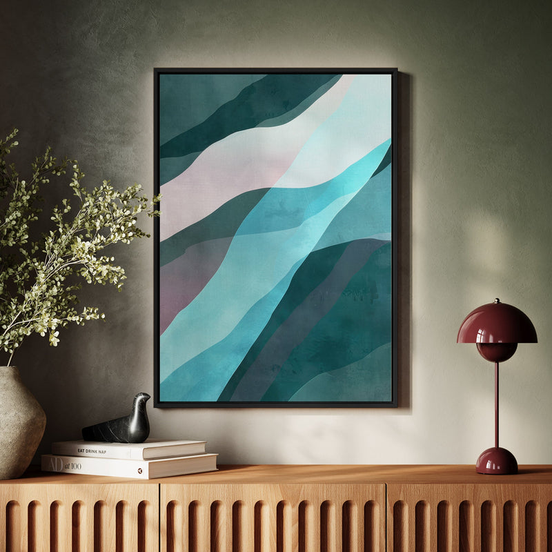 Canvas Wall Art Stretched Over Wooden Frame with Floating Frame and Blue Waves Abstract Painting CV4128 - Al Rugaib Furniture