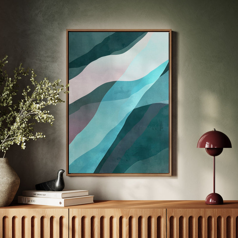 Canvas Wall Art Stretched Over Wooden Frame with Floating Frame and Blue Waves Abstract Painting CV4128 - Al Rugaib Furniture