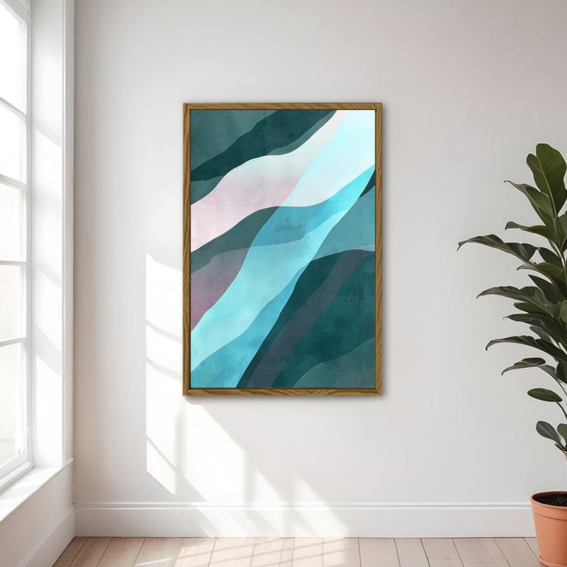 Canvas Wall Art Stretched Over Wooden Frame with Floating Frame and Blue Waves Abstract Painting CV4128 - Al Rugaib Furniture