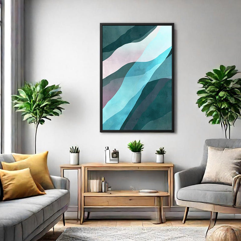 Canvas Wall Art Stretched Over Wooden Frame with Floating Frame and Blue Waves Abstract Painting CV4128 - Al Rugaib Furniture