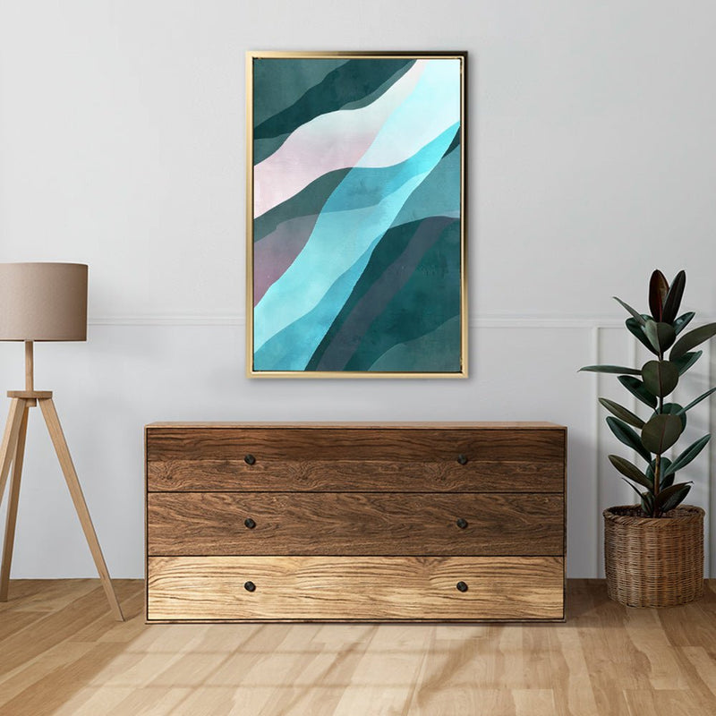 Canvas Wall Art Stretched Over Wooden Frame with Floating Frame and Blue Waves Abstract Painting CV4128 - Al Rugaib Furniture