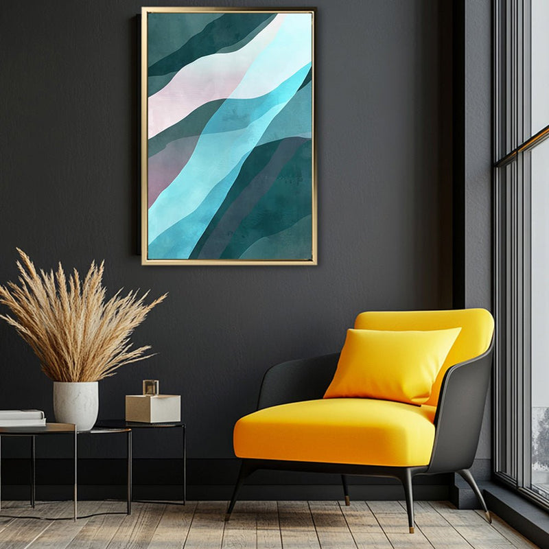 Canvas Wall Art Stretched Over Wooden Frame with Floating Frame and Blue Waves Abstract Painting CV4128 - Al Rugaib Furniture