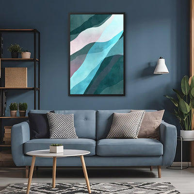 Canvas Wall Art Stretched Over Wooden Frame with Floating Frame and Blue Waves Abstract Painting CV4128 - Al Rugaib Furniture