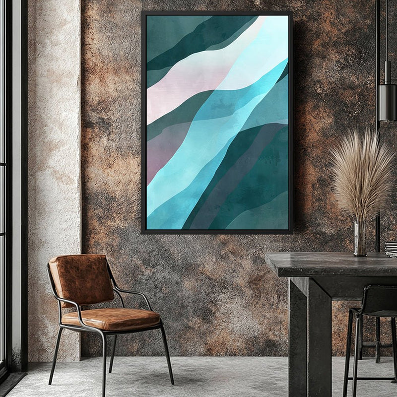 Canvas Wall Art Stretched Over Wooden Frame with Floating Frame and Blue Waves Abstract Painting CV4128 - Al Rugaib Furniture