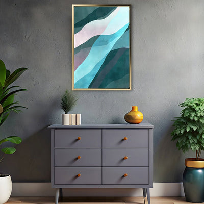 Canvas Wall Art Stretched Over Wooden Frame with Floating Frame and Blue Waves Abstract Painting CV4128 - Al Rugaib Furniture