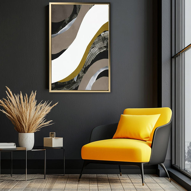 Canvas Wall Art Stretched Over Wooden Frame with Floating Frame and Brown Waves Abstract Painting CV4137 - Al Rugaib Furniture