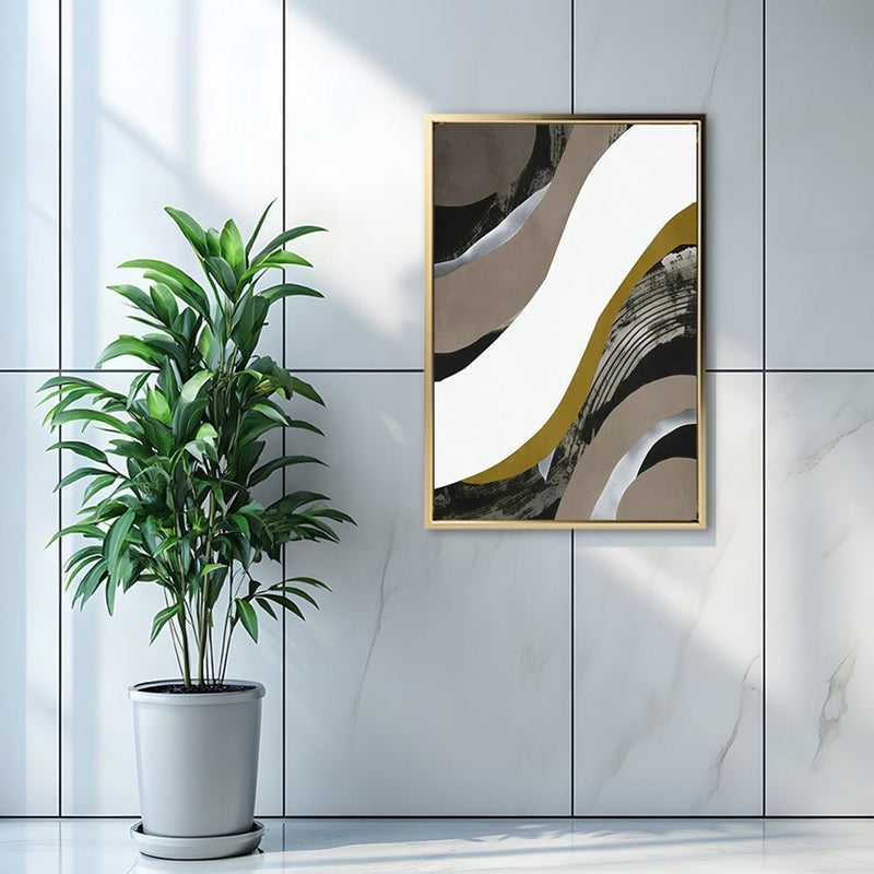 Canvas Wall Art Stretched Over Wooden Frame with Floating Frame and Brown Waves Abstract Painting CV4137 - Al Rugaib Furniture
