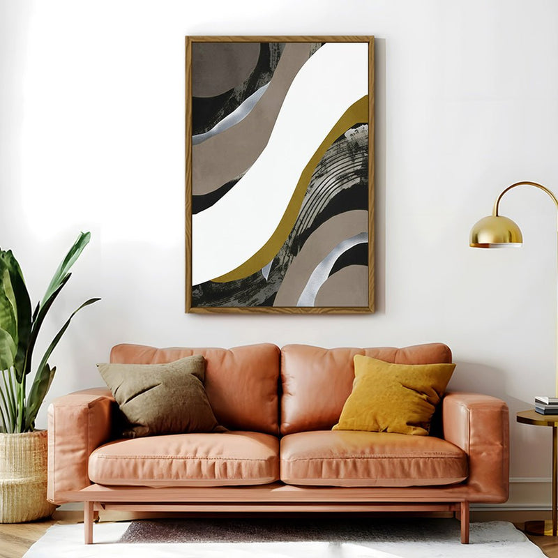 Canvas Wall Art Stretched Over Wooden Frame with Floating Frame and Brown Waves Abstract Painting CV4137 - Al Rugaib Furniture