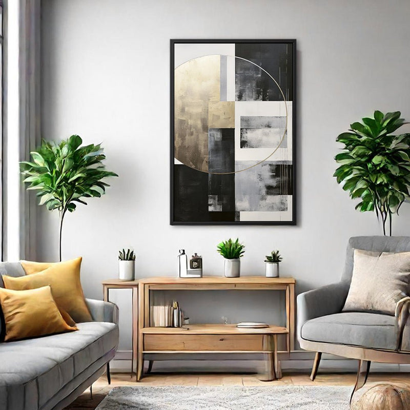 Canvas Wall Art Stretched Over Wooden Frame with Floating Frame and Gold Circle Painting CV4159 - Al Rugaib Furniture