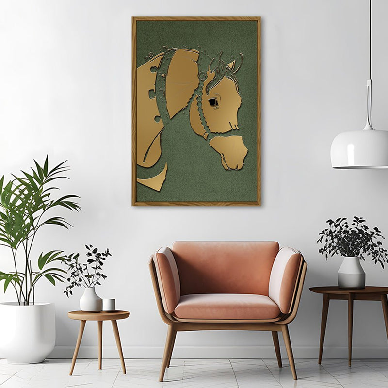 Canvas Wall Art Stretched Over Wooden Frame with Floating Frame and Golden Horse Abstract Painting CV4172 - Al Rugaib Furniture