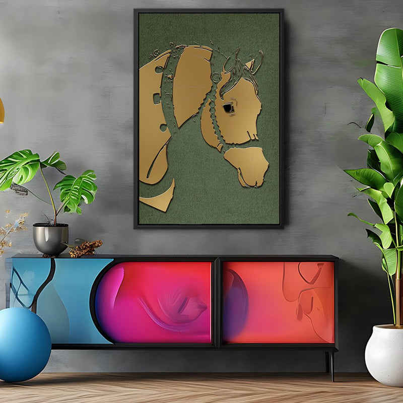Canvas Wall Art Stretched Over Wooden Frame with Floating Frame and Golden Horse Abstract Painting CV4172 - Al Rugaib Furniture