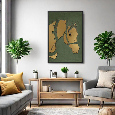 Canvas Wall Art Stretched Over Wooden Frame with Floating Frame and Golden Horse Abstract Painting CV4172 - Al Rugaib Furniture